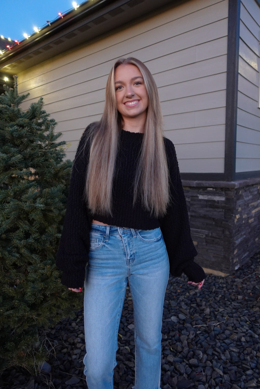 Black Popcorn Knit Cropped Sweater