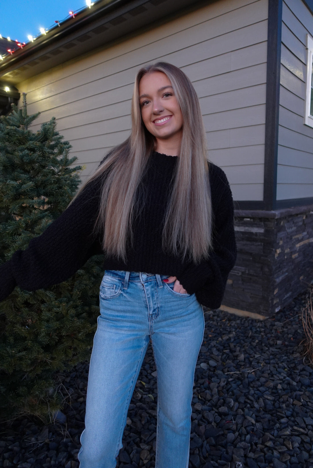 Black Popcorn Knit Cropped Sweater