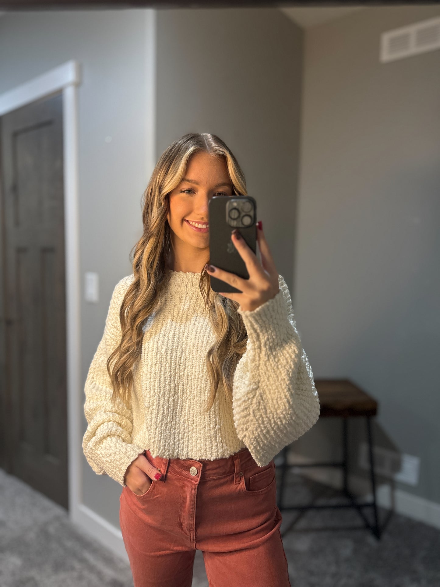 Popcorn Knit Cropped Sweater