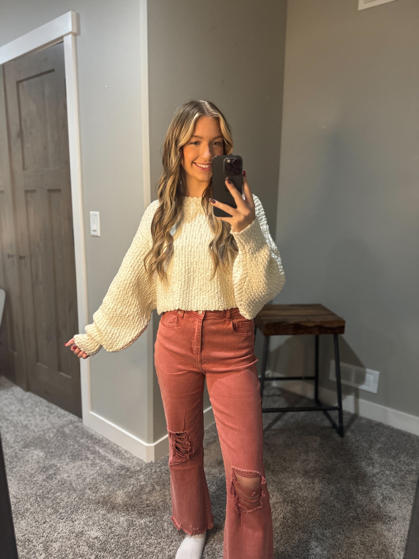 Popcorn Knit Cropped Sweater